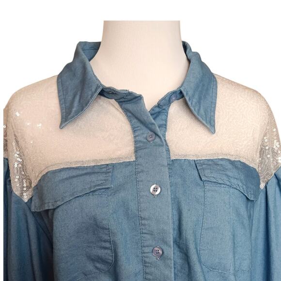 Western Crop‎ Top Blouse XL Puffy Sleeves Mesh Sparkly Sequins Coquette Country - Picture 5 of 10